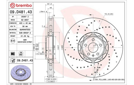 Disco de freno 09.D481.43 Brembo