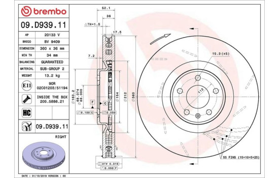 Disco de freno 09.D939.11 Brembo