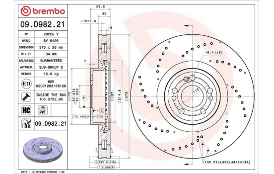 Disco de freno 09.D982.21 Brembo
