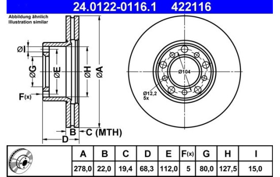 Disco de freno 24.0122-0116.1 ATE, Imagen 2