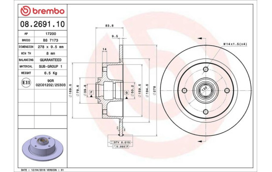 Disco de freno delantero 08.2691.10 Brembo, Imagen 4