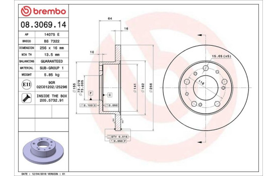 Disco de freno delantero 08.3069.14 Brembo, Imagen 4
