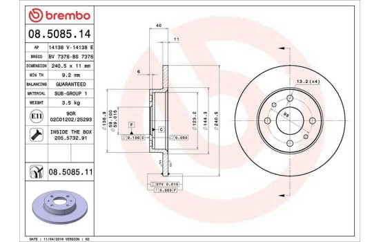 Disco de freno delantero 08.5085.14 Brembo, Imagen 4