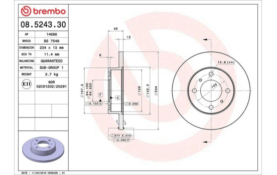 Disco de freno delantero 08.5243.30 Brembo, Imagen 4