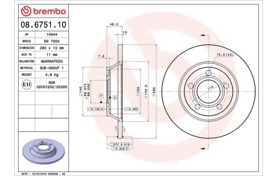 Disco de freno delantero 08.6751.10 Brembo, Imagen 4