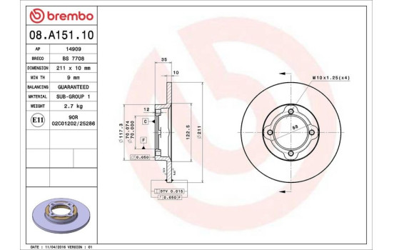 Disco de freno delantero 08.A151.10 Brembo, Imagen 3