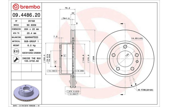 Disco de freno delantero 09.4486.20 Brembo, Imagen 4