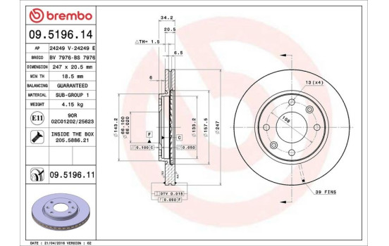 Disco de freno delantero 09.5196.14 Brembo, Imagen 4