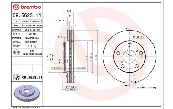 Disco de freno delantero 09.5623.14 Brembo, Imagen 4