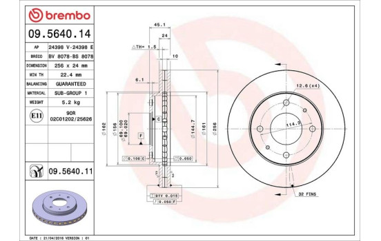 Disco de freno delantero 09.5640.14 Brembo, Imagen 4