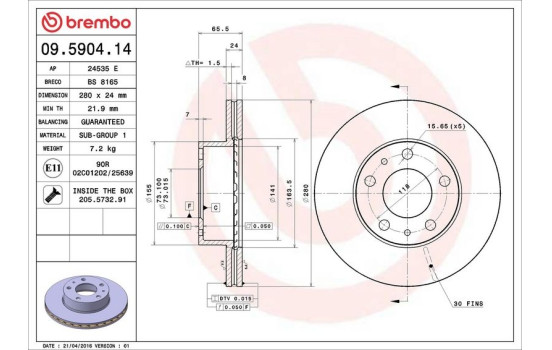 Disco de freno delantero 09.5904.14 Brembo, Imagen 4