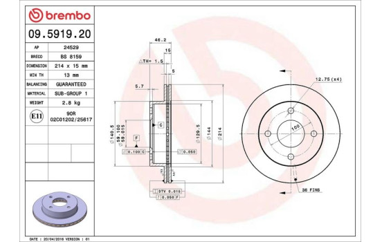 Disco de freno delantero 09.5919.20 Brembo, Imagen 4