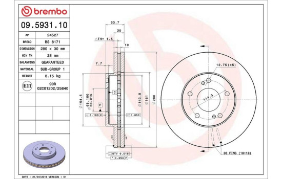 Disco de freno delantero 09.5931.10 Brembo, Imagen 4