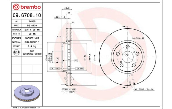 Disco de freno delantero 09.6708.10 Brembo, Imagen 4