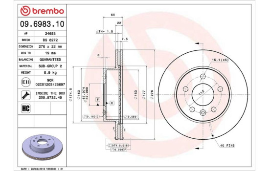 Disco de freno delantero 09.6983.10 Brembo, Imagen 4