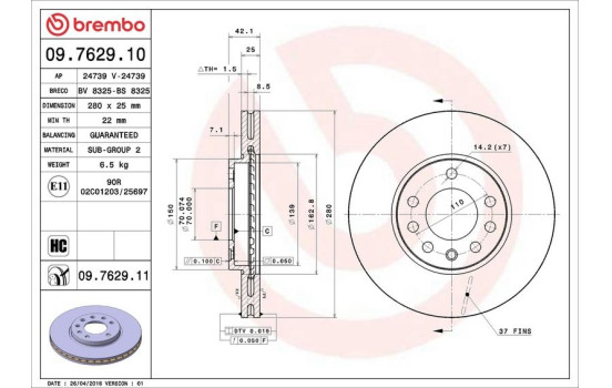 Disco de freno delantero 09.7629.10 Brembo, Imagen 4