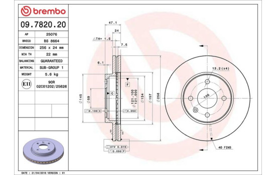 Disco de freno delantero 09.7820.20 Brembo, Imagen 3