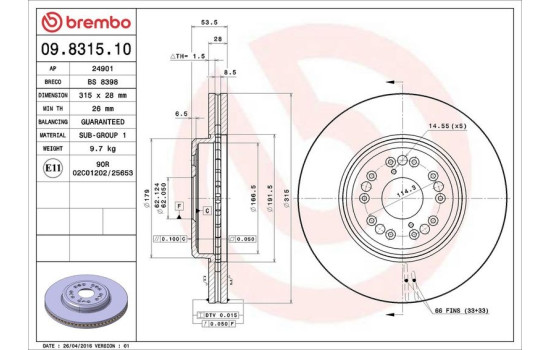 Disco de freno delantero 09.8315.10 Brembo, Imagen 4