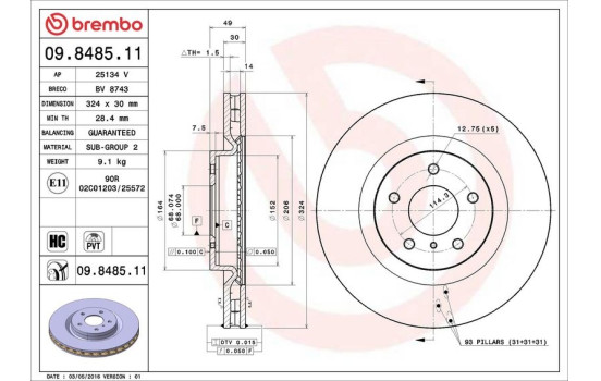 Disco de freno delantero 09.8485.11 Brembo, Imagen 2