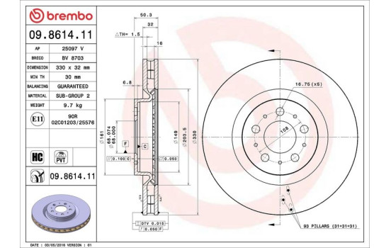 Disco de freno delantero 09.8614.11 Brembo, Imagen 2