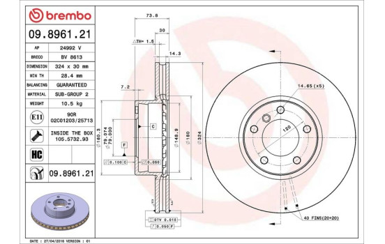 Disco de freno delantero 09.8961.21 Brembo, Imagen 2