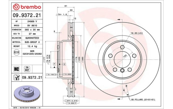 Disco de freno delantero 09.9372.21 Brembo, Imagen 2