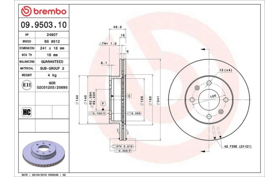 Disco de freno delantero 09.9503.10 Brembo, Imagen 4