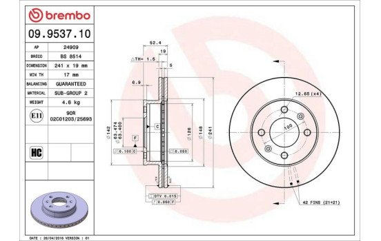 Disco de freno delantero 09.9537.10 Brembo, Imagen 3