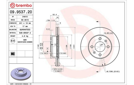 Disco de freno delantero 09.9537.20 Brembo, Imagen 4