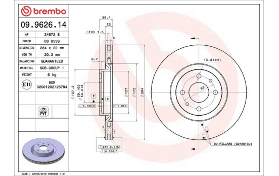 Disco de freno delantero 09.9626.14 Brembo, Imagen 4