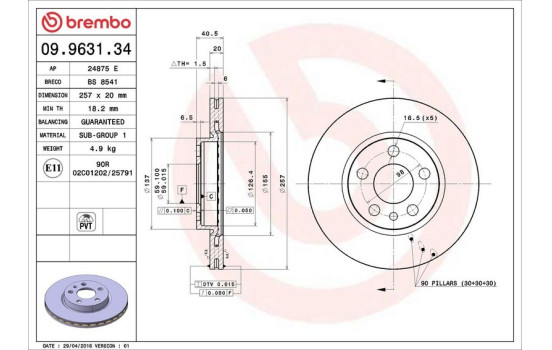 Disco de freno delantero 09.9631.34 Brembo, Imagen 4