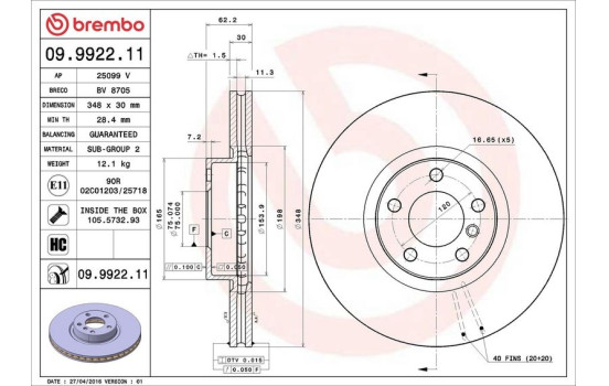 Disco de freno delantero 09.9922.11 Brembo, Imagen 2