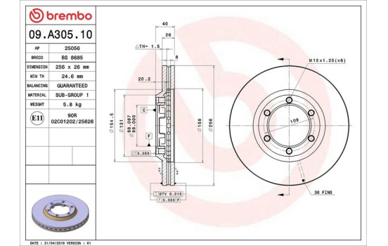 Disco de freno delantero 09.A305.10 Brembo, Imagen 3