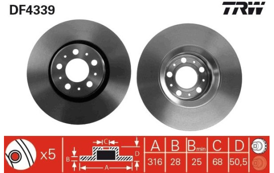 Disco de freno delantero DF4339 TRW, Imagen 2