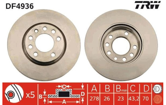 Disco de freno delantero DF4936 TRW, Imagen 3