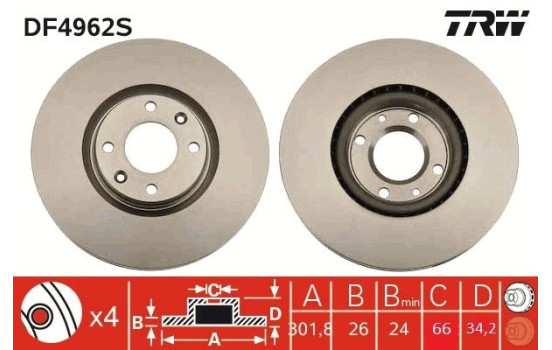 Disco de freno delantero DF4962S TRW, Imagen 3