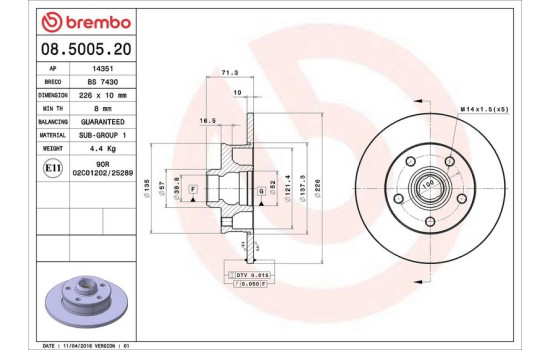Disco de freno trasero 08.5005.20 Brembo, Imagen 4