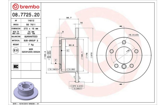 Disco de freno trasero 08.7725.20 Brembo, Imagen 3