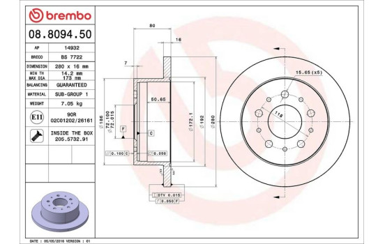 Disco de freno trasero 08.8094.50 Brembo, Imagen 3