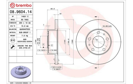 Disco de freno trasero 08.9604.14 Brembo, Imagen 3