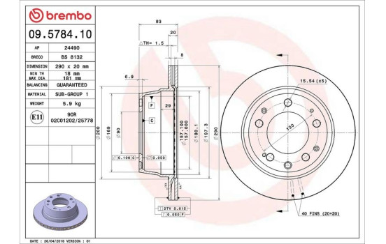 Disco de freno trasero 09.5784.10 Brembo, Imagen 4