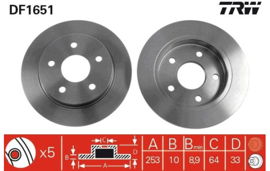 Disco de freno trasero DF1651 TRW