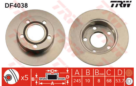 Disco de freno trasero DF4038 TRW