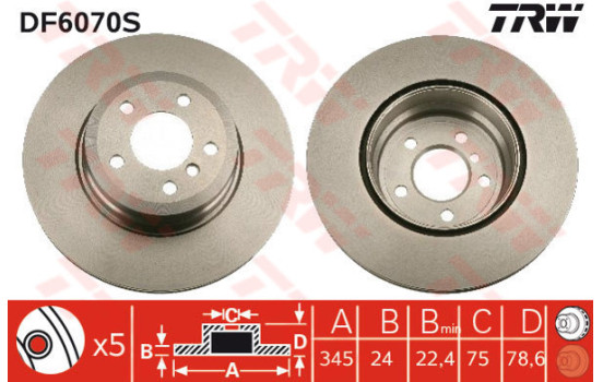 Disco de freno trasero DF6070S TRW