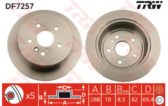 Disco de freno trasero DF7257 TRW