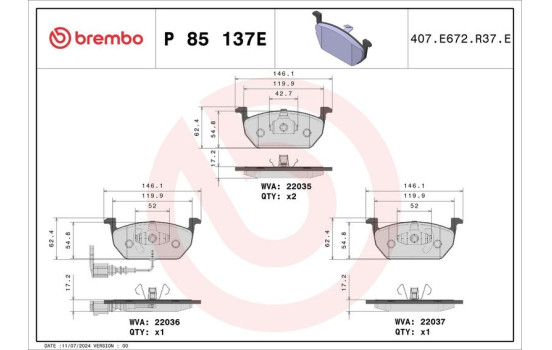 Juego de pastillas de freno, freno de disco P 85 137E Brembo