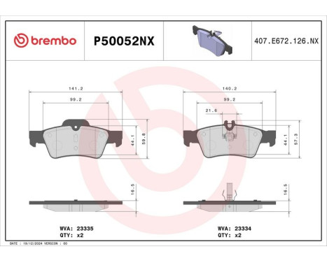 Juego de pastillas de freno, freno de disco P50052NX Brembo