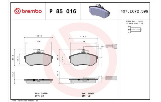 Juego de pastillas de freno P 85 016 Brembo, Imagen 2
