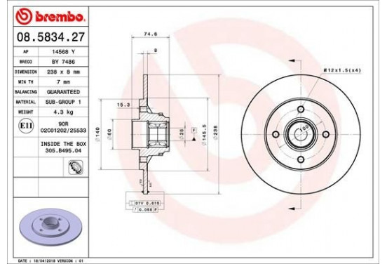 Remschijf 08.5834.27 Brembo