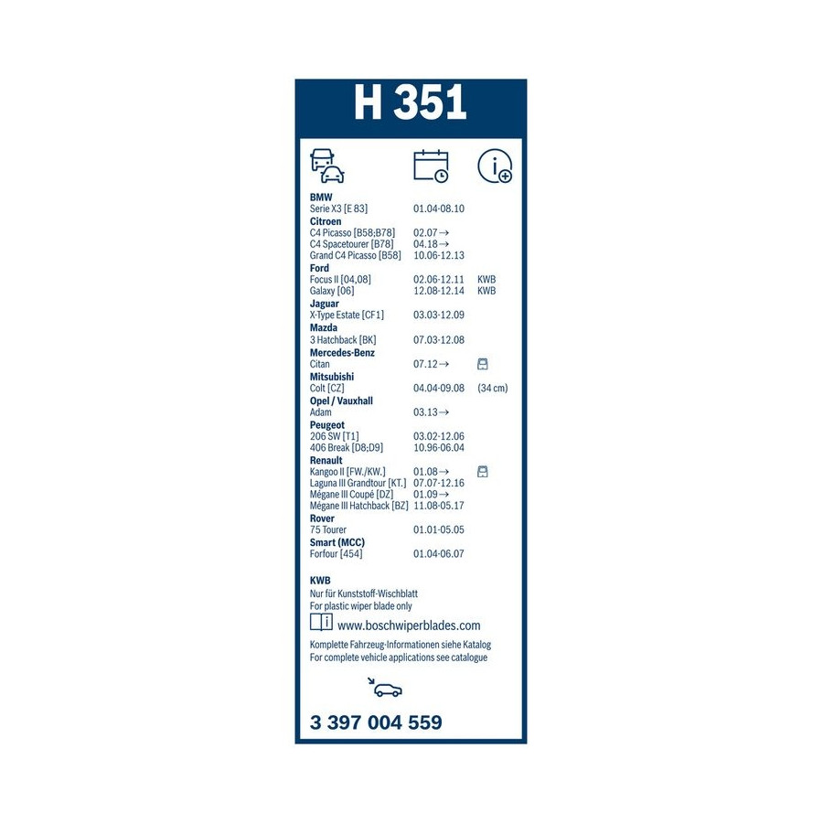 Bosch A351H Ruitenwisser Achter - 350 Mm, Voor Uitstekend Zicht Achteruit